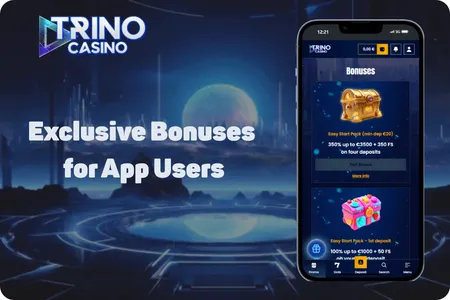 Exclusive rewards for mobile players shown in the Trino Casino app with active bonuses after download Trino Casino