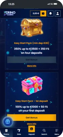 Exclusive welcome bonuses up to 350% and 350 free spins displayed in the Trino Casino app