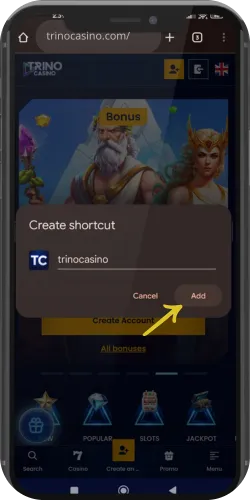 Confirming the shortcut name before final installation in the Trino casino app Android download process