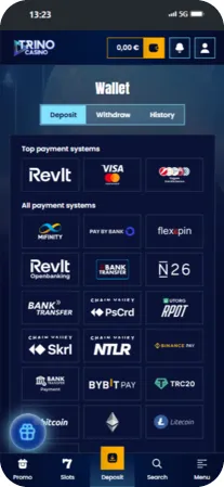 Deposit methods in the Trino Casino app including Visa, Mastercard, Skrill, and cryptocurrencies