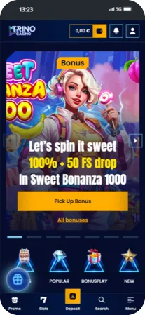 Main bonus on screen in the main menu Trino casino app download showing promotion