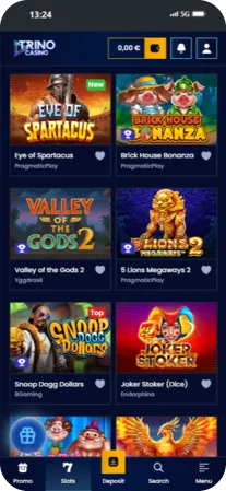 Game lobby in the Trino Casino app with slots from Yggdrasil, Pragmatic Play, and Endorphina