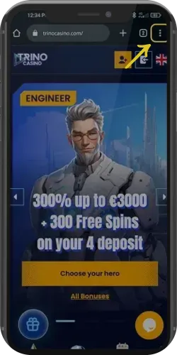 User tapping the three dots menu in the top-right corner to install TrinoCasino app android