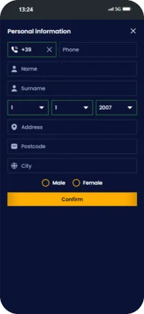 Registration and personal information form inside the Trino Casino app