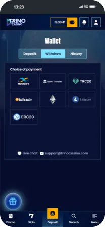 Withdrawal options in the Trino Casino app with bank transfer and crypto payments available